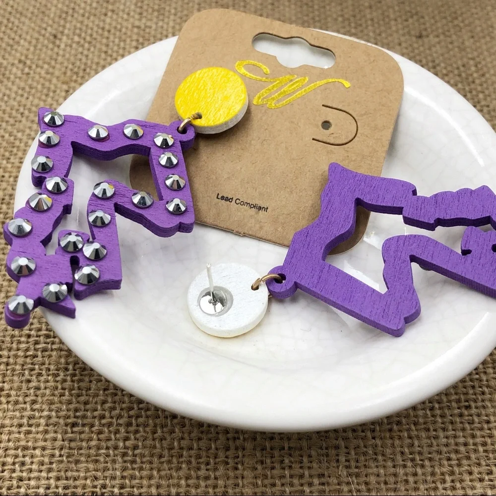 Large Louisiana State Shape Bling Wood Earrings - Picture 3 of 5